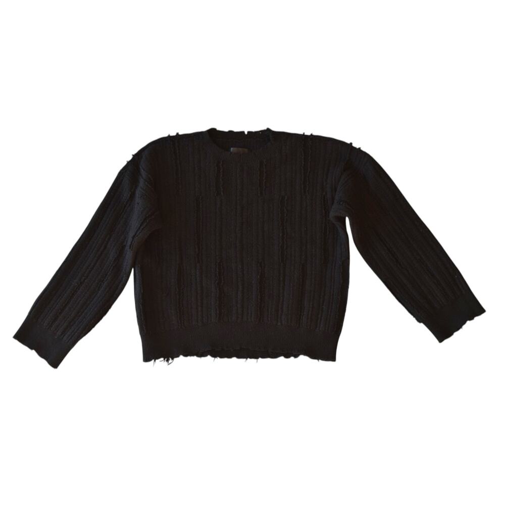 RtA Emmet Distressed Eyelash Fringe Cropped Sweater Black Women's Size Small